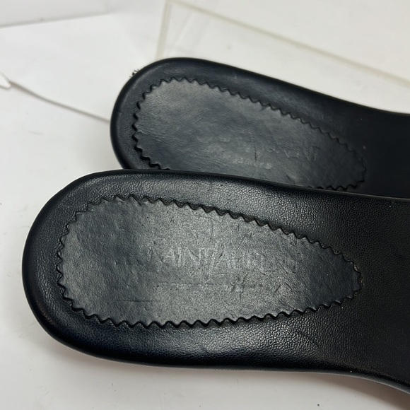 Yves Saint Laurent Sz 37 Black Leather Wood Low Heel Slide Sandals - Picture 4 of 9